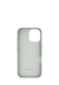 Jasnozielone etui na telefon o gładkiej fakturze, zaokrąglonych krawędziach i wycięciu na aparat. Na dole znajduje się logo "Swarovski".