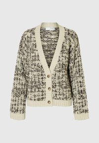 Strickjacke in Creme und Braun, mit V-Ausschnitt, langen Ärmeln und vier runden Knöpfen an der Vorderseite sowie einem strukturierten Muster.