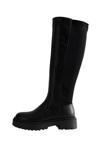Zwart laarzen tot de knie met een glad leren buitenkant, een elastisch achterpaneel, een dikke zool en een afgeronde neus.
