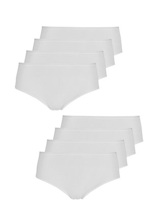 Acht Paar schlichte weiße Baumwollslips, angeordnet in zwei sich überlappenden Reihen auf weißem Hintergrund.