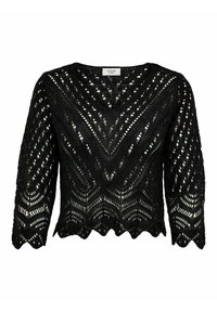 Svart virkade topp med V-ringning, trekvartslånga ärmar och en scalloped nederkant. Har ett geometriskt mönster med öppna maskor och texturerad design.