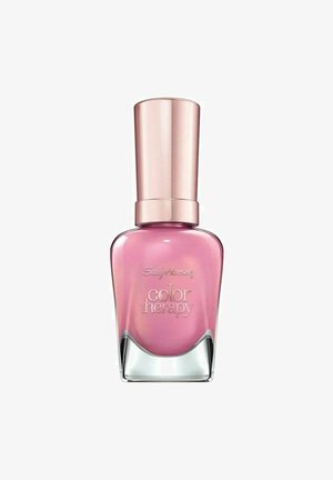 Sally Hansen Color Therapy kynsilakka vaaleanpunaisessa sävyssä, joka on pakattu kaarevaan lasipulloon, jossa on metallinhohtoinen ruusukultainen korkki.