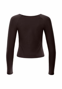 Long-sleeve, fitted top in solid dark brown fabric. Features a wide round neckline and smooth texture, with minimal seams and no embellishments.