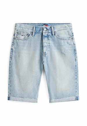 Jasnoniebieskie szorty dżinsowe o przetartej teksturze, prostym kroju i podwiniętych nogawkach. Posiadają kieszenie z przodu oraz metkę z logo na pasku.