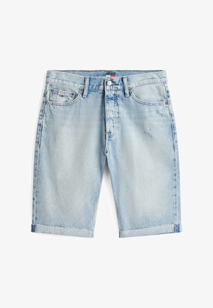 Helles blaues Denim-Shorts mit einer verwitterten Textur, geradem Schnitt und umgeschlagenen Säumen. Ausgestattet mit Vordertaschen und einem etikettierten Taillenbund.