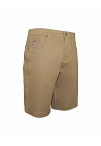 Beige cotton shorts with a front button closure, side pockets, and a small fabric patch featuring a flag design on the back pocket.