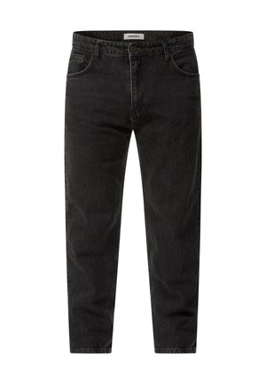 Black denim jeans with a slim fit, featuring five pockets, belt loops, and a button closure. The fabric has a slightly textured finish.
