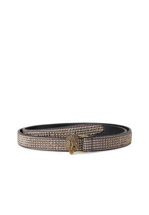 Brown and white houndstooth patterned belt with a gold bird-shaped buckle, laid coiled on a white background.