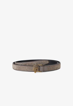 Brown and white houndstooth patterned belt with a gold bird-shaped buckle, laid coiled on a white background.