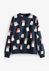 Marineblauer Sweatshirt mit wiederholtem Pinguinmuster, wobei jeder Pinguin einen Hut oder einen Schal trägt. Hergestellt aus weichem Stoff mit gerippten Bündchen und Saum.