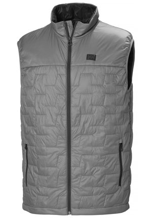 Grijze geïsoleerde vest met een hoge kraag, een ritssluiting aan de voorkant en twee zijzakken. Heeft een geborduurd patroon en een logo op de borst.