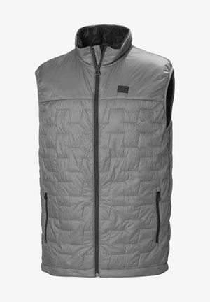 Grijze geïsoleerde vest met een hoge kraag, een ritssluiting aan de voorkant en twee zijzakken. Heeft een geborduurd patroon en een logo op de borst.