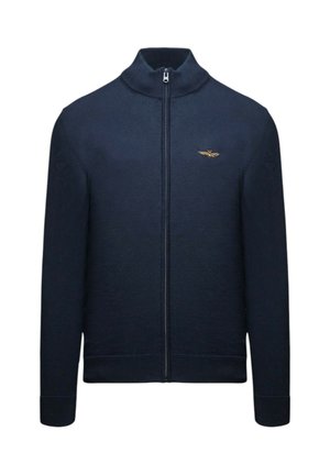 Maglione blu navy con zip in tessuto lavorato a maglia, dotato di collo alto, piccolo logo dorato sul petto sinistro e polsini e orlo a coste.