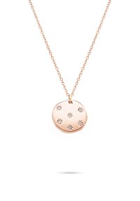 Halskette mit einem unregelmäßigen Anhänger aus Roségold, der sechs Sternenstrahlen-Designs mit klaren Steinen zeigt, die an einer Kette hängen.