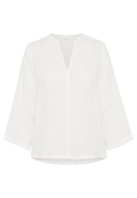 Blouse en lin blanc à manches trois-quarts, col en V sans col et coupe décontractée.