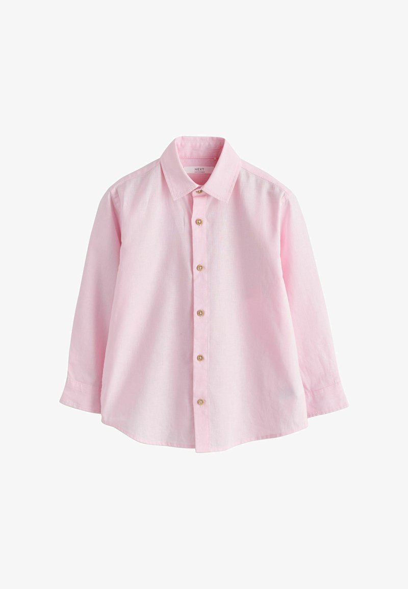 Camisa de manga larga de color rosa claro con botones y cuello, con seis botones marrones en la parte delantera.