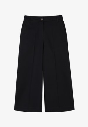 Black wide-leg trousers with a button closure, pleated front, and side pockets, made from soft fabric for comfort and ease of movement.