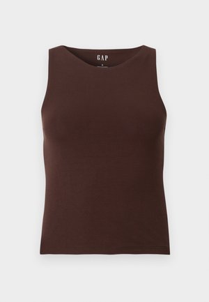 Débardeur marron sans manches en coton avec col rond, taille petite étiquetée GAP, présenté sur un fond blanc uni.