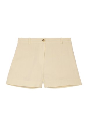 Beige Shorts mit hoher Taille, Knopf- und Reißverschluss vorne sowie Gürtelschlaufen, aus leichtem Stoff.