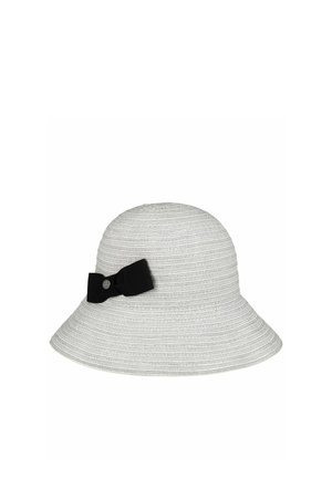 White woven sun hat with a wide brim and a black fabric bow attached on the side.