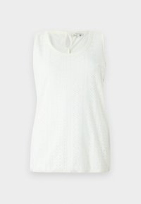 Haut sans manches blanc avec un col rond, en tissu textur�é avec des œillets décoratifs, et un petit détail en forme de clé à l'arrière.