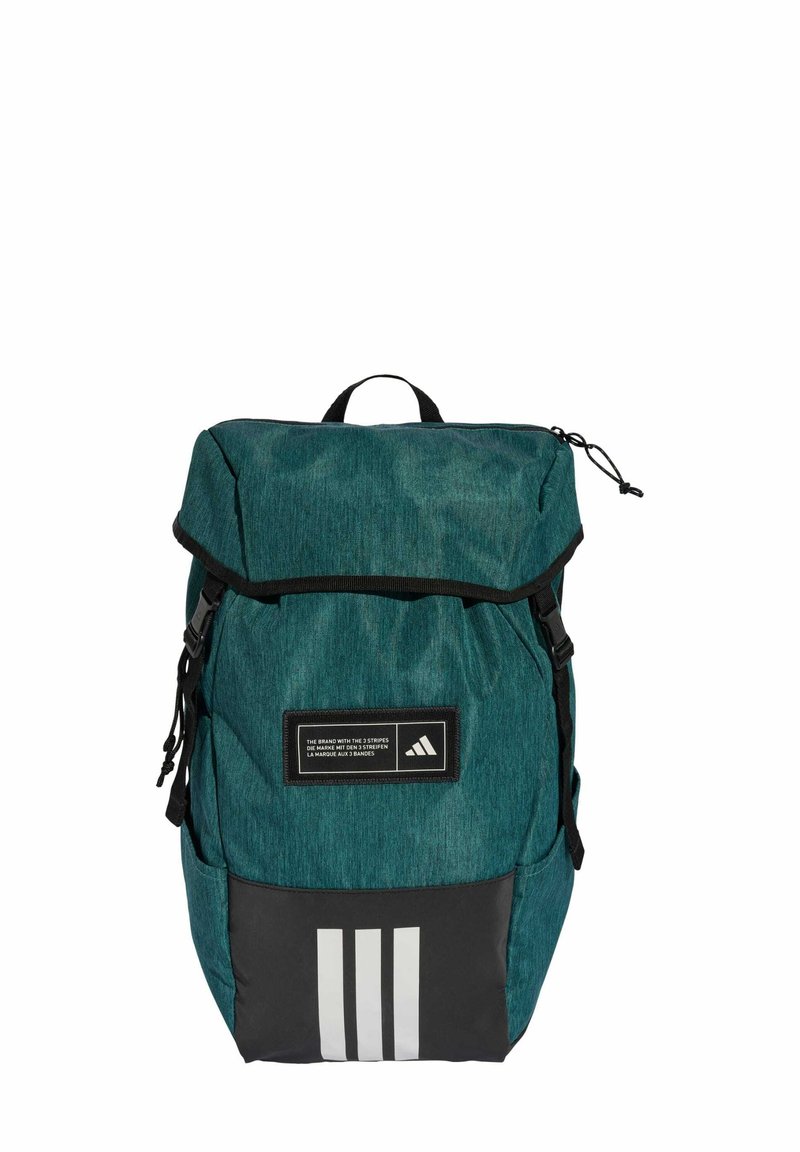 Teal polyester backpack with a roll-top closure, black bottom, white striped accents, and a branded label on the front. Adjustable straps included.