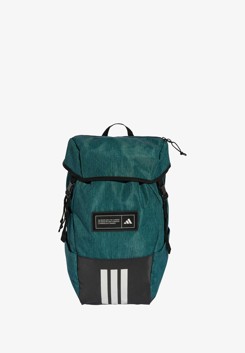 Teal polyester backpack with a roll-top closure, black bottom, white striped accents, and a branded label on the front. Adjustable straps included.