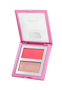 Palette di blush Bright Cheeks in una custodia di plastica rosa. Presenta uno specchio, un luminoso blush cremoso rosa e un illuminante soffice e luccicante.
