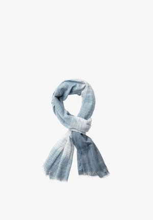 Light blue and gray plaid scarf with frayed edges, loosely looped on a white background.