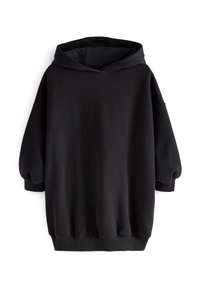 Černá mikina s kapucí vyrobená z texturované tkaniny, s kulatým výstřihem, spadlými rameny a ribbovanými manžetami a lemem. Jednoduchý, oversized design.