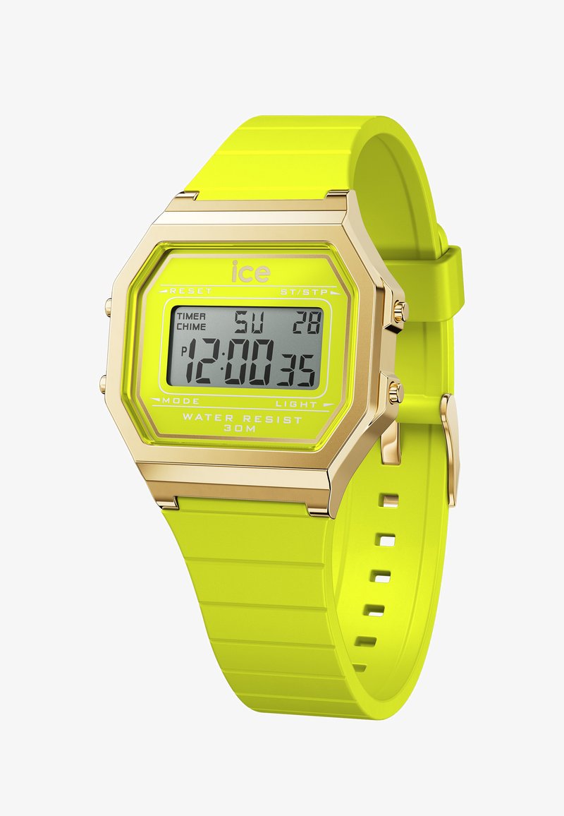 Zegarek cyfrowy z jasnobrązowym silikonowym paskiem i złotymi akcentami. Posiada prostokątną tarczę, cyfrowy wyświetlacz oraz wodoodporność do 30 m.