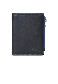 Black leather wallet with a blue zipper accent, featuring a textured surface and embossed logo. Compact and rectangular design.