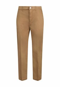 Chinos beiges avec une coupe droite, fabriqués à partir d'un tissu lisse. Les caractéristiques incluent une poche avant, des passants de ceinture et une fermeture à un bouton.