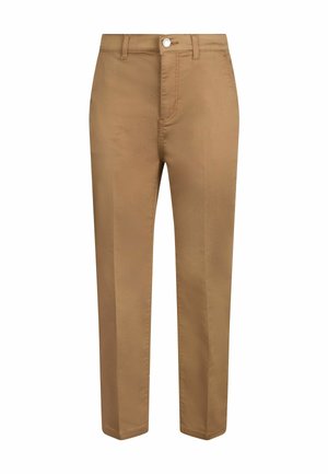 Chinos beiges avec une coupe droite, fabriqués à partir d'un tissu lisse. Les caractéristiques incluent une poche avant, des passants de ceinture et une fermeture à un bouton.