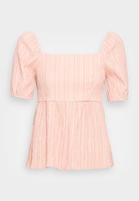 Top rosa pálido com decote quadrado e mangas bufantes. Apresenta um design texturizado e pregueado com bainha peplum ampla. Tecido suave.