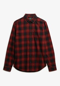 Red and black plaid long-sleeve button-down shirt with a buttoned collar and a small front pocket on the left side.