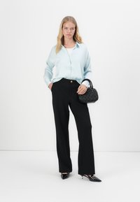 Lichtblauw overhemd, zwart hoge taille broek en een kleine zwarte handtas. Inclusief zwarte puntige hakken voor een stijlvolle uitstraling.