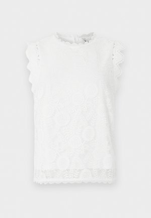 Λευκό αμάνικο μπλουζάκι από δαντέλα με λουλουδάτα μοτίβα, κυματιστά τελειώματα στα μανίκια και το τελείωμα, και στρογγυλή λαιμόκοψη.