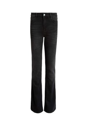Black flared jeans made of denim, featuring a high waist, five pockets, and a silver button closure. Smooth texture with subtle fading.