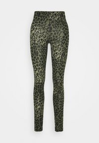 Leggings em tecido verde oliva com um padrão de estampa de leopardo preto. Design slim fit, com cintura alta e uma textura suave.
