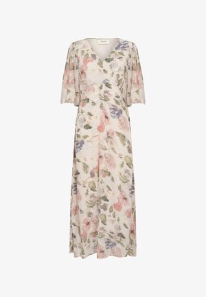 Cvjetna maksi haljina s V-izrezom, napučenim rukavima i strukiranim strukom. Izrađena od lagane, teksturirane tkanine ukrašene pastelnim cvjetovima.
