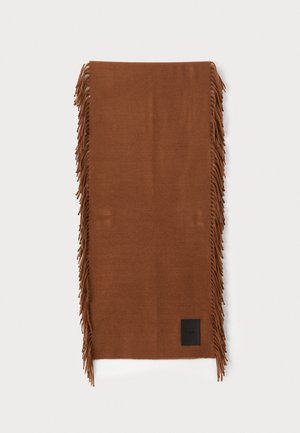 Brown scarf made of soft fabric, featuring a solid color, fringed edges, and a small black label with white text.