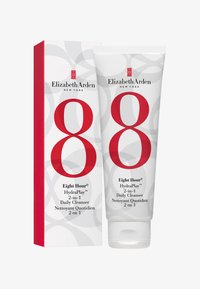 Nettoyant quotidien HydraPlay™ Eight Hour® d'Elizabeth Arden, un design de tube et de boîte mettant en avant des couleurs rouge et blanche avec des motifs circulaires gris.