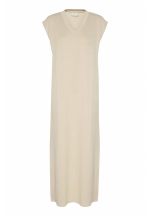 Vestido midi sin mangas beige con escote en V, hecho de una tela suave, que presenta aberturas laterales y una silueta relajada.