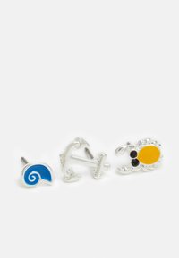 Three stud earrings: a blue wave, a silver anchor, and a yellow crab with black accents. All have a polished finish and silver-tone metal.