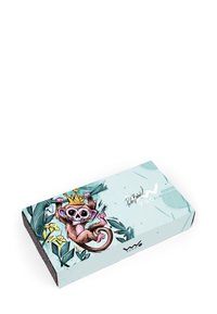 Ilustrovaná krabička s kreslenou opicí v koruně, obklopenou listy a květinami, na světle modrém pozadí s podpisem.