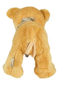 Soft yellow plush toy shaped like a lion, featuring rounded ears, a small tail, and a beige fabric bow around the neck.