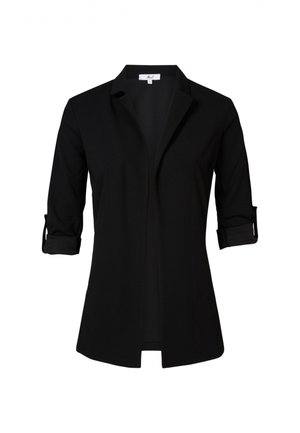 Zwarte blazer met driekwart mouwen, voorzakken en opgerolde manchetten. Gemaakt van een gladde stof met een stijlvolle, op maat gemaakte uitstraling.