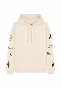 Felpa di colore crema con cappuccio e coulisse, tasca frontale e grafiche sulle maniche che includono cuori, un teschio e fulmini. Texture morbida.