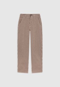 Pantalon droit à rayures verticales marron et blanches, avec poches avant et fermeture par bouton, posé à plat sur fond blanc.
